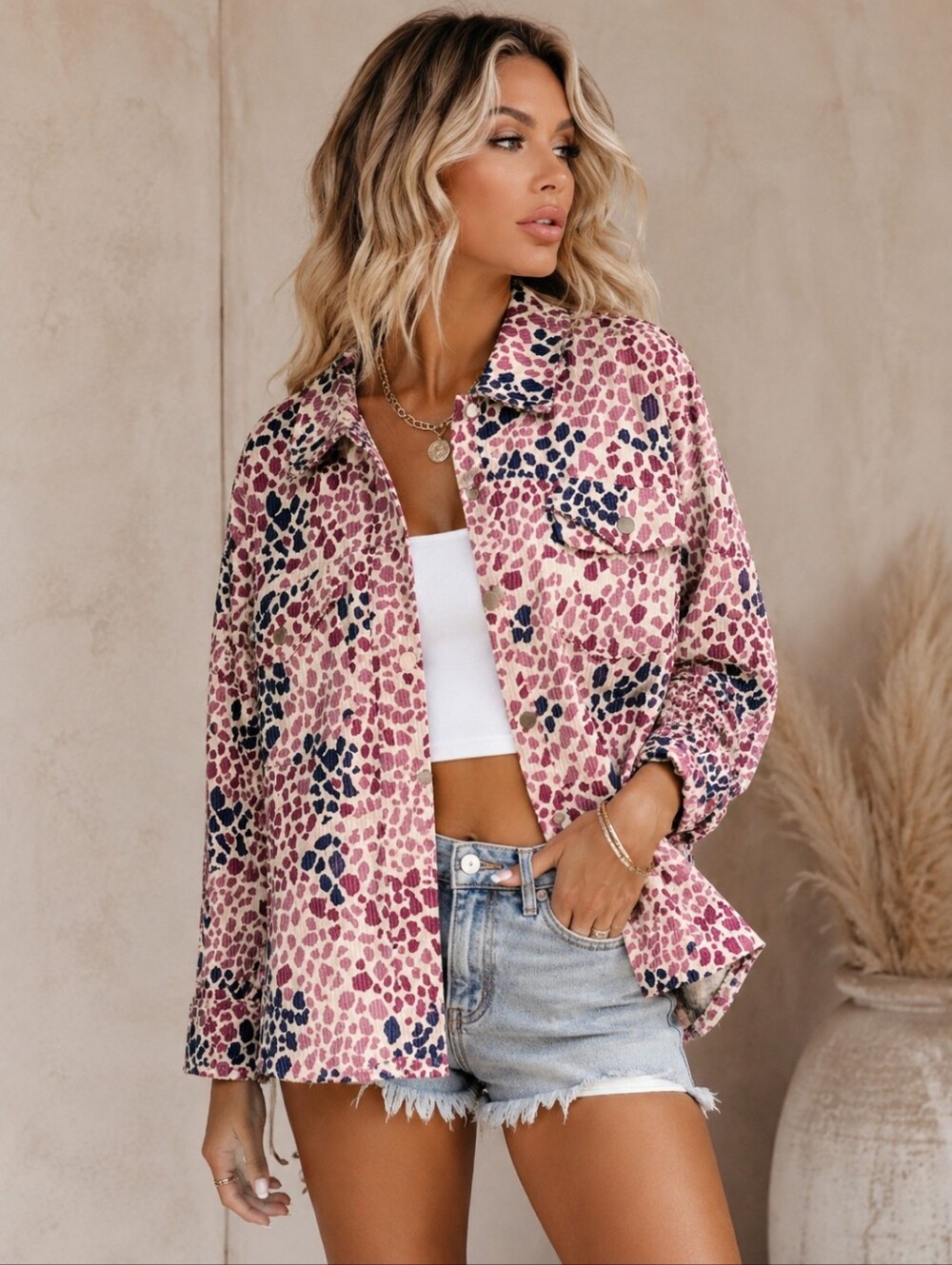 SAVANNA JANE Jacket Womens Plus 1X Pink Animal Print Corduroy Shacket Snap